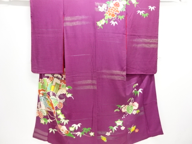 大正ロマン　錦紗檜扇・御所車模様刺繍着物